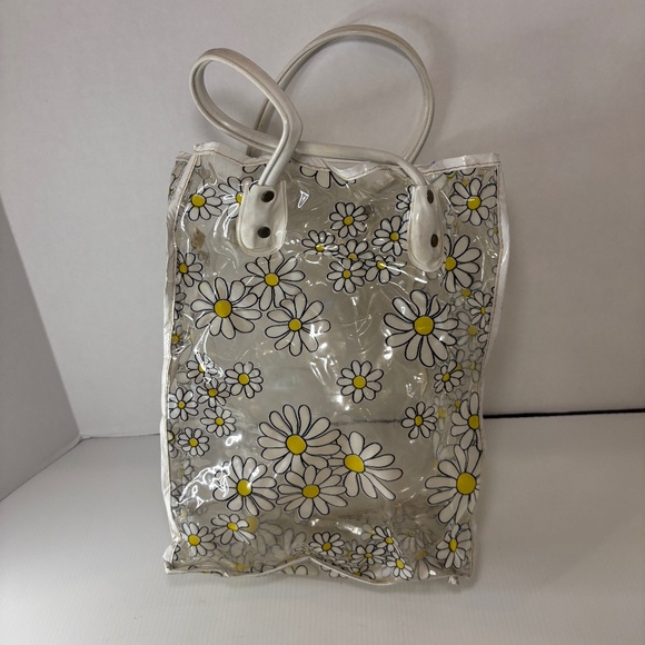Vintage Tote Bag Clear Vinyl Plastic Daisies Flower Power 12"x9" Boho/Hippie - Picture 1 of 11